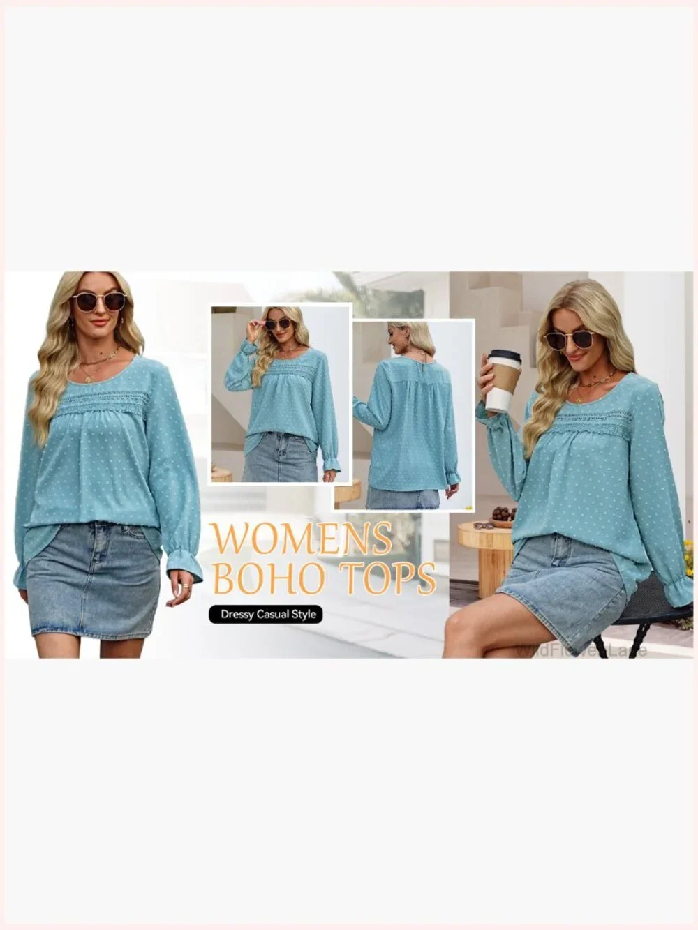 Boho Long Sleeve Crewneck Blouse Flowy Tunic Top